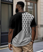 Big & Tall Men's Black Tricolor Geometric Printed Henry Collar Button Short Sleeve T-shirt